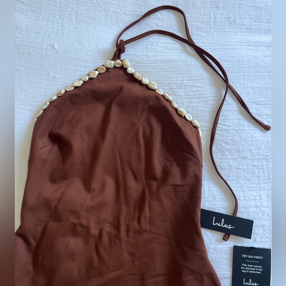Lulu's Chocolate Brown Shell-Trim Mini Dress Size Small - Picture 5 of 8